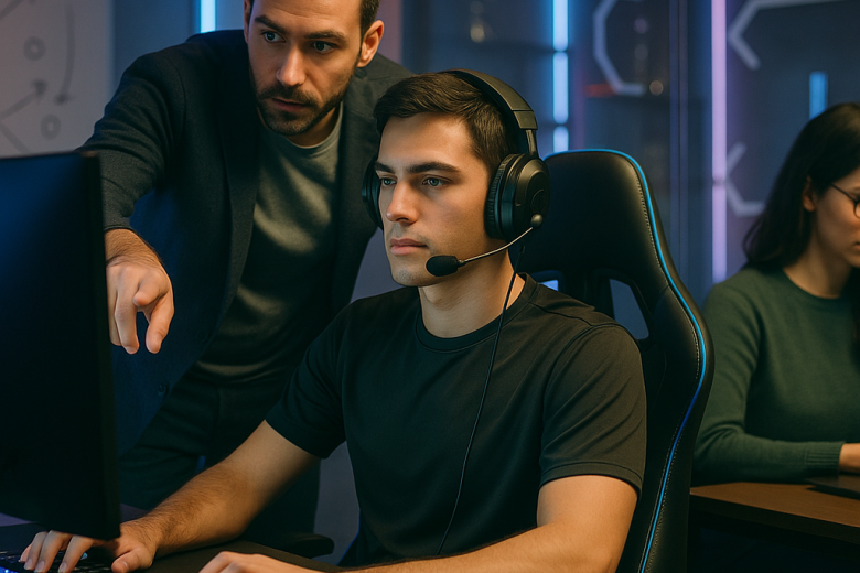 Photograph of a modern esports training room with a pro gamer at a PC,