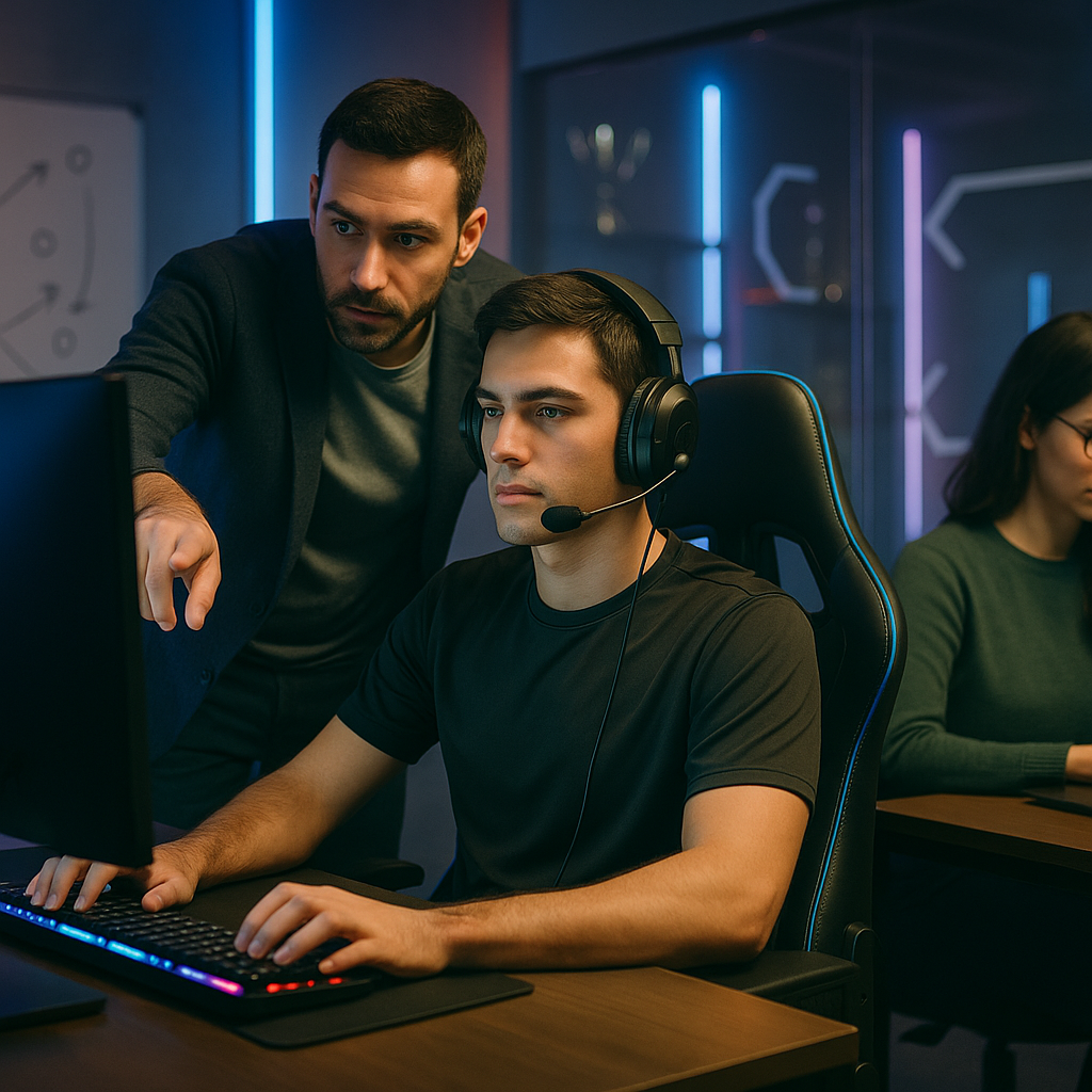Photograph of a modern esports training room with a pro gamer at a PC,