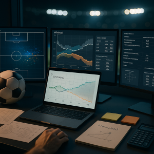 Kompyuter stolida ikki monitor va noutbukda futbol turniriga oid ehtimollik chiziqlari, koeffitsientlar jadvali, xG